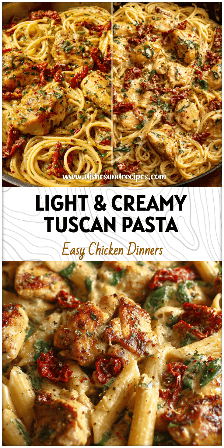 A creamy Tuscan chicken pasta dish with sun dried tomatoes and chicken thighs served in a light sauce.